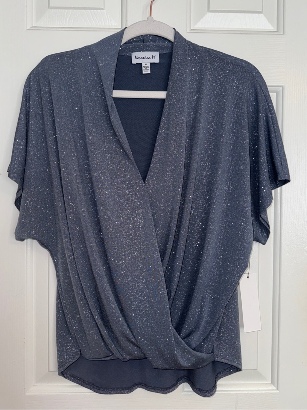 Veronica M Blueish-Grey Glitter Draped Wrap Top